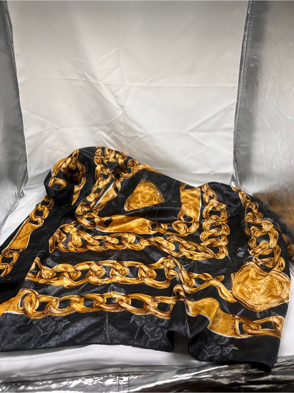 Vintage 80s Baroque Scarf - Gold Chain Print Silky Square - Picture 2 of 2
